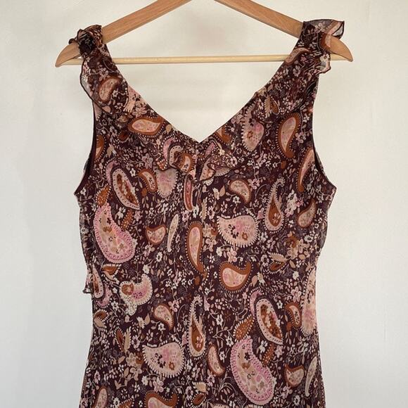 Vtg Y2K Brown Paisley Floral Ruffled Sleeveless Dress Sz 10 Fairycore Grunge - Picture 5 of 9